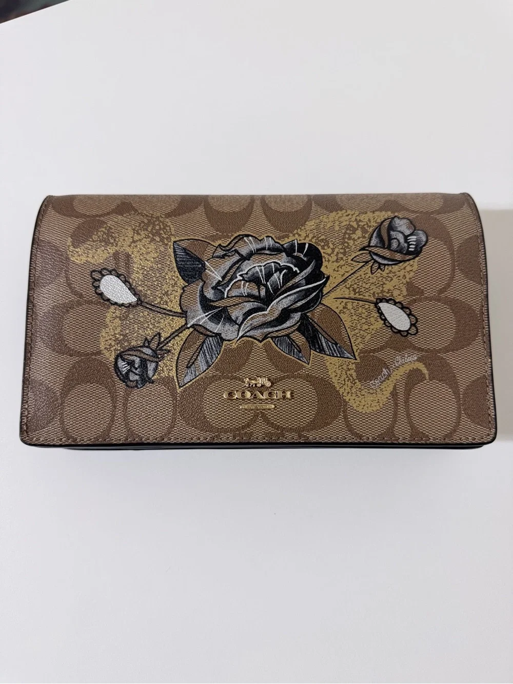 Coach x Chelsea Champlain Animation Tattoo Glitter Rose Signature Black Wallet